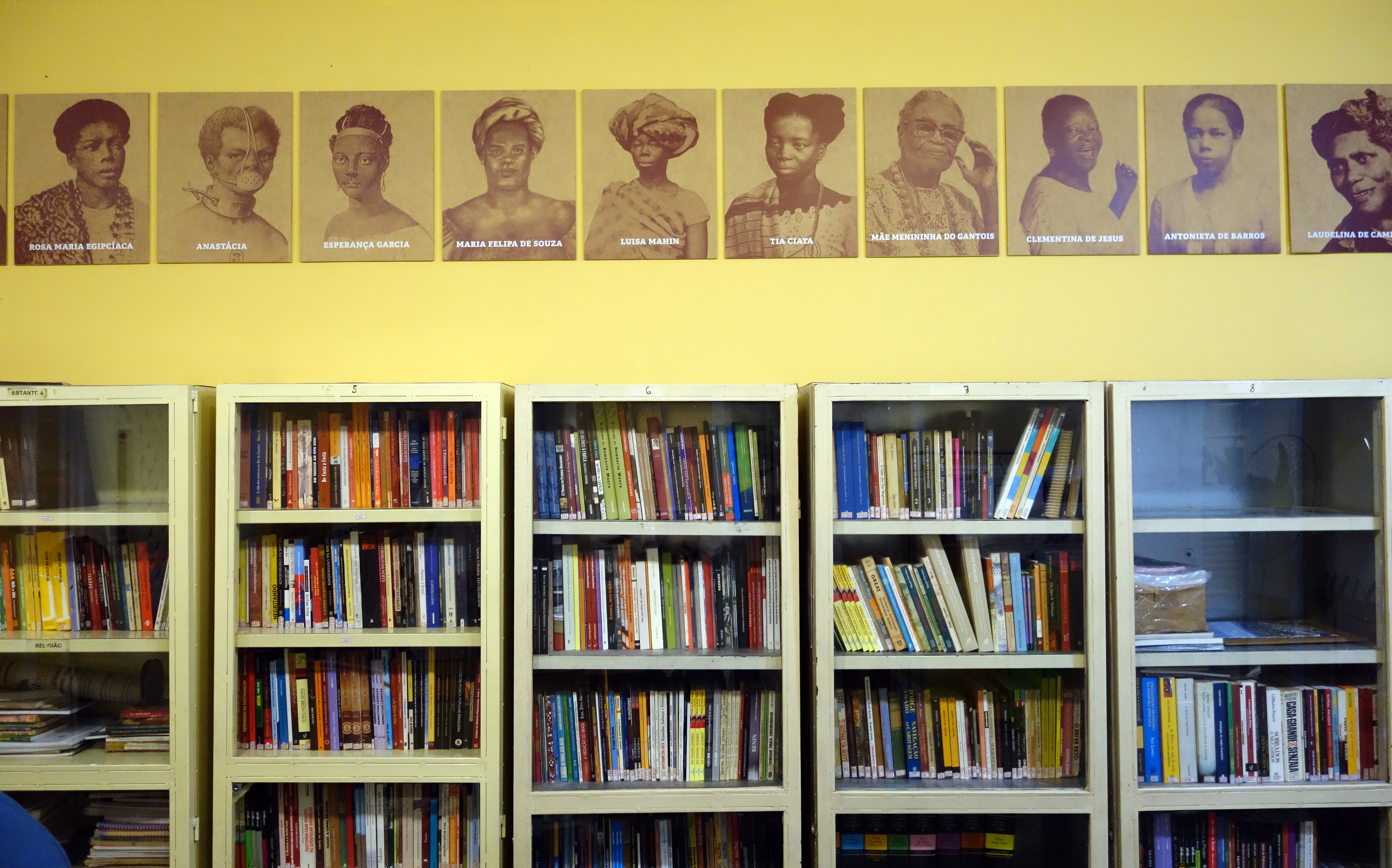 Black Heroine Mural, digital prints on MDF, 30x45cm, 2016. A series of 16 portraits of Black heroines in Brazilian history, from the 17th to the 20th century, permanently installed at the library of the Instituto de Pesquisa e Memória Pretos Novos.